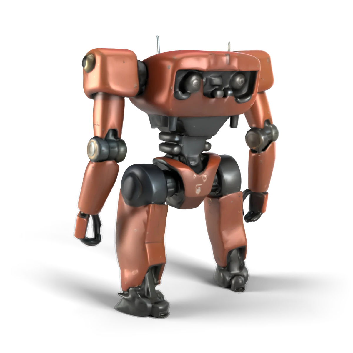 銅色の作業ロボの置物の 3D モデル(斜め後ろ)