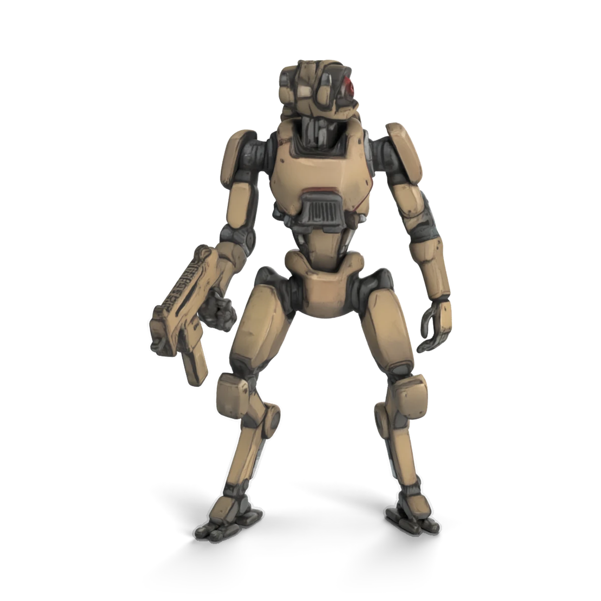 サブマシンガンの細身メカ(砂色)の 3D モデル(斜め前)