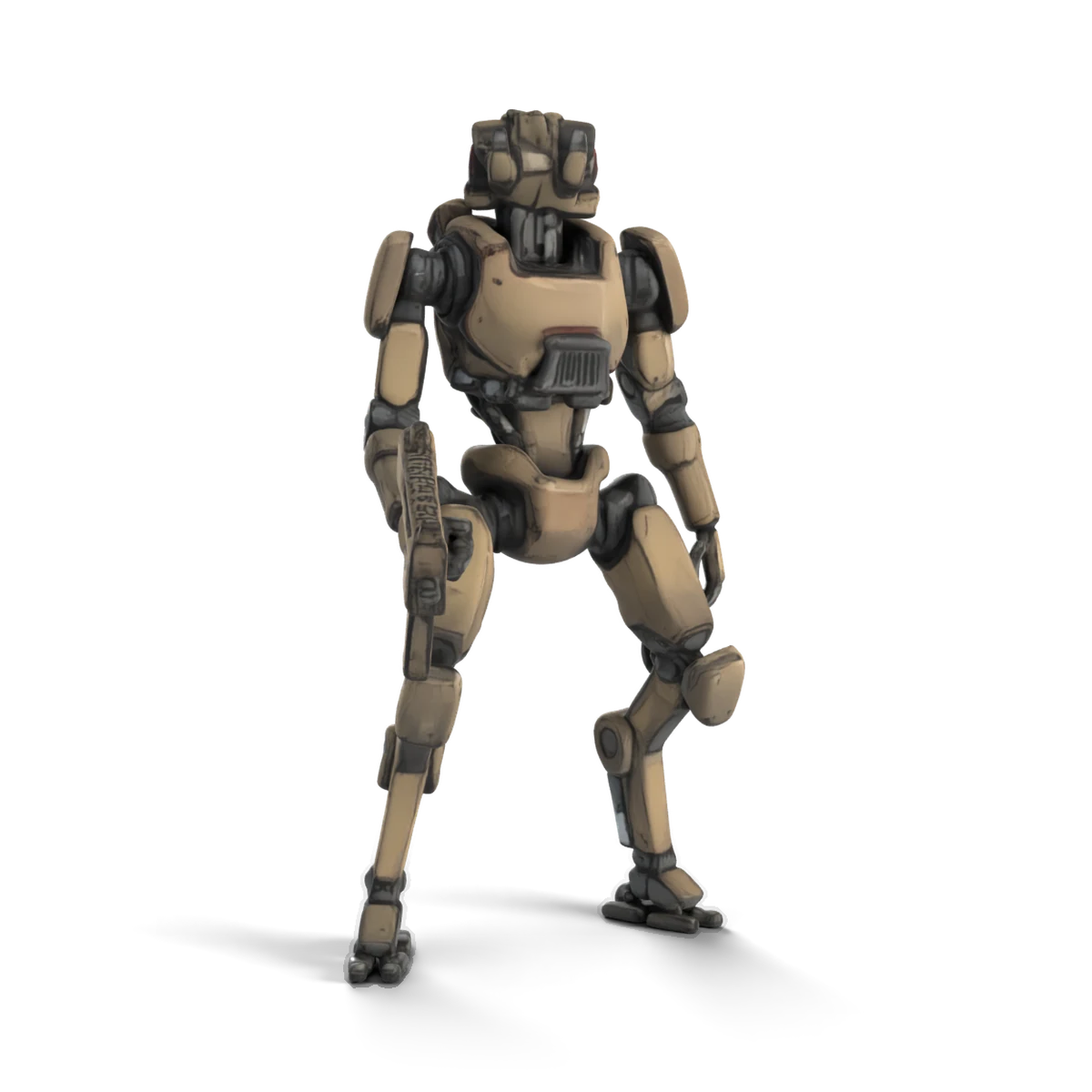 サブマシンガンの細身メカ(砂色)の 3D モデル(正面)
