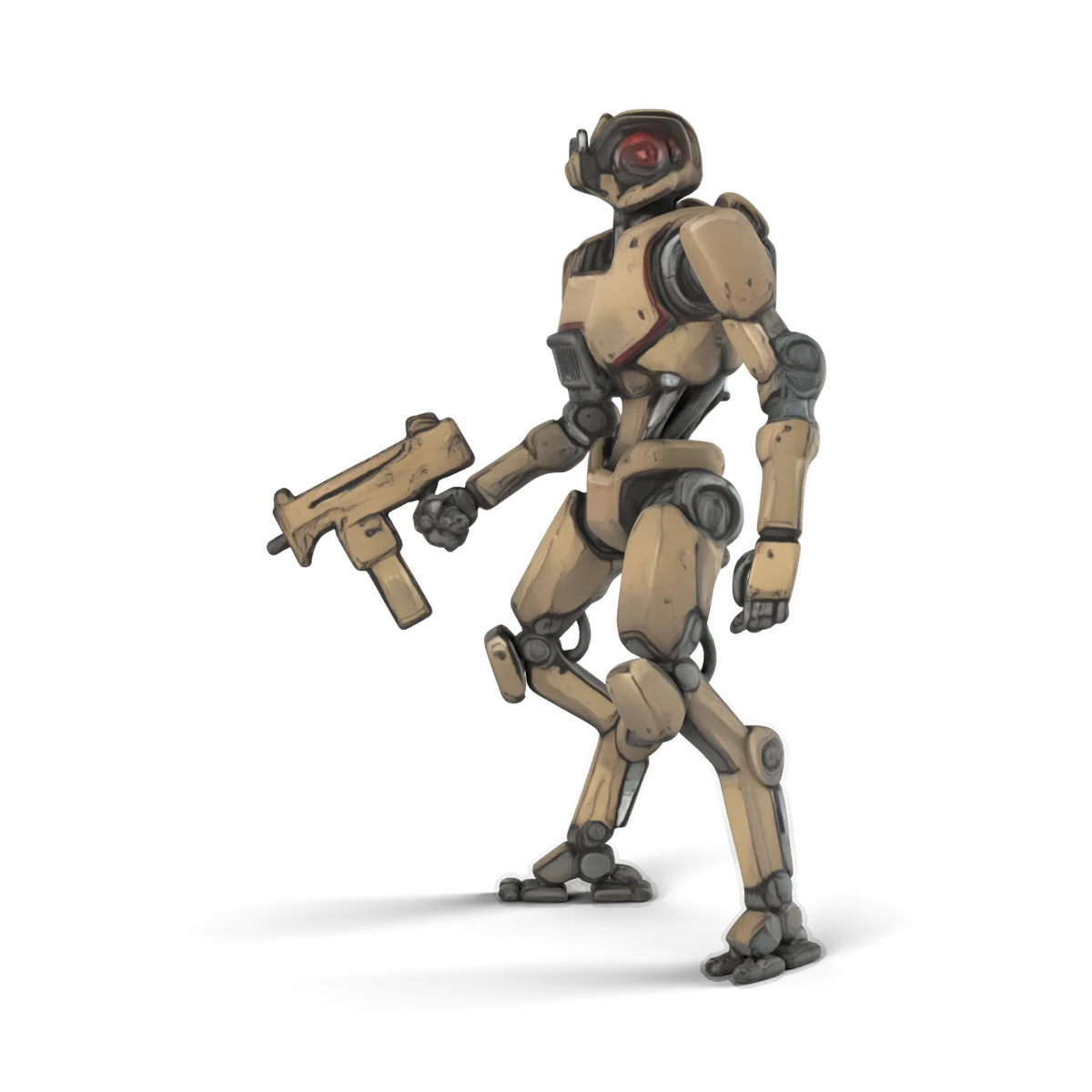 サブマシンガンの細身メカ(砂色)の 3D モデル(横)