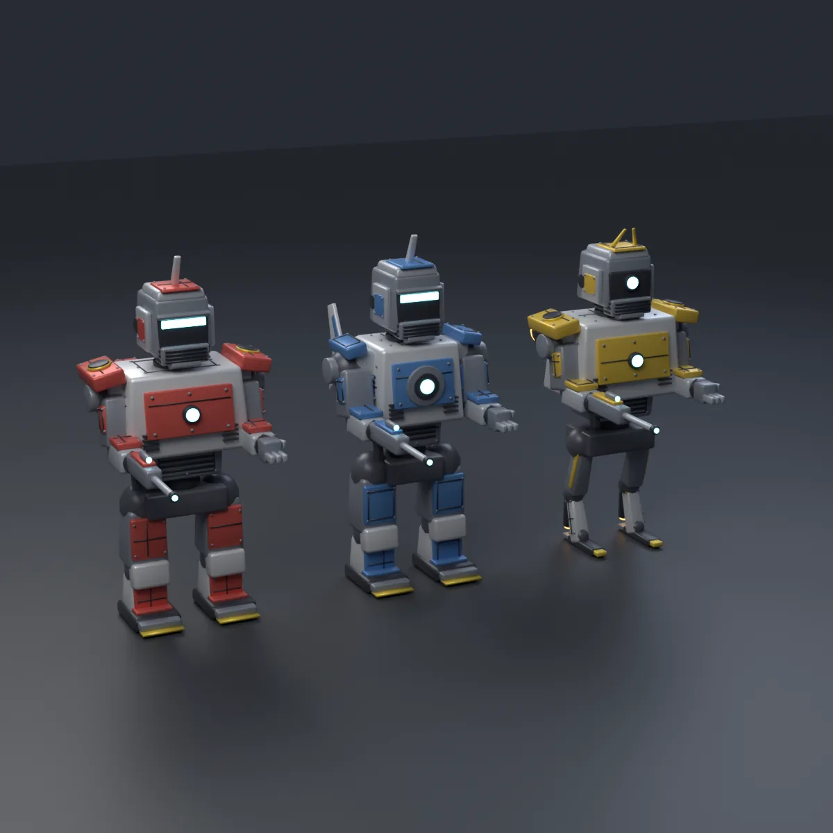 アドオンで作った全身のメカ 3 体。乱数の種を変えて並べた